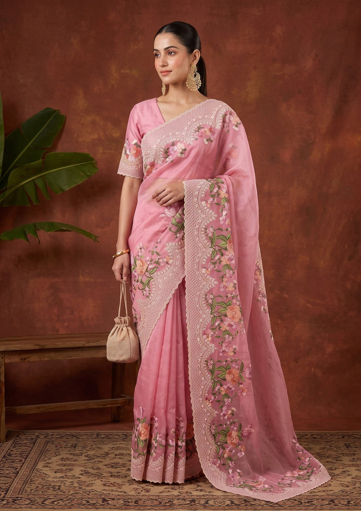 Pink Threadwork Tissue Saree
