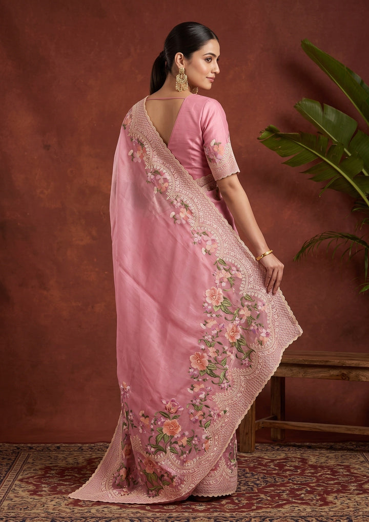 Pink Threadwork Tissue Saree