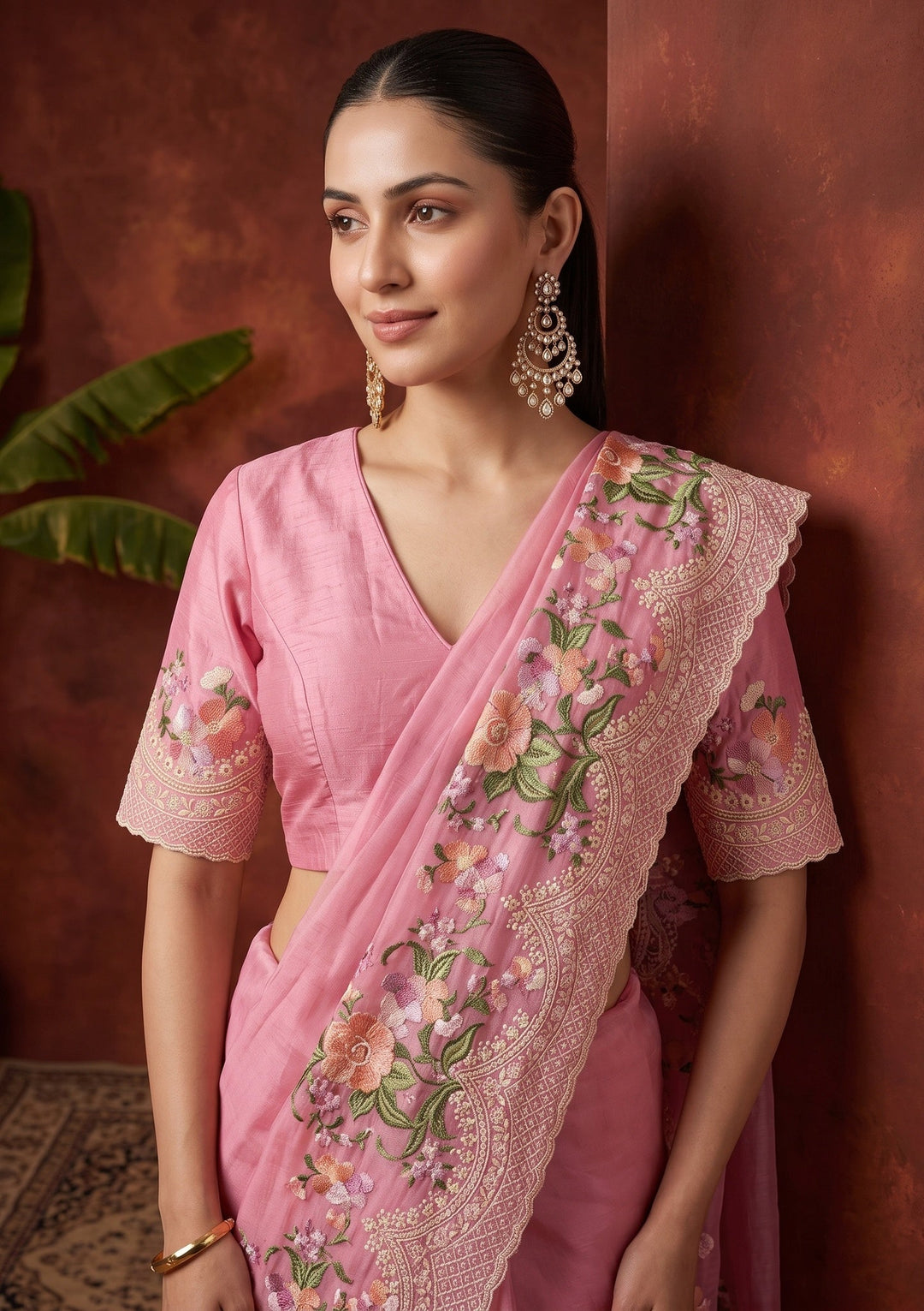 Pink Threadwork Tissue Saree