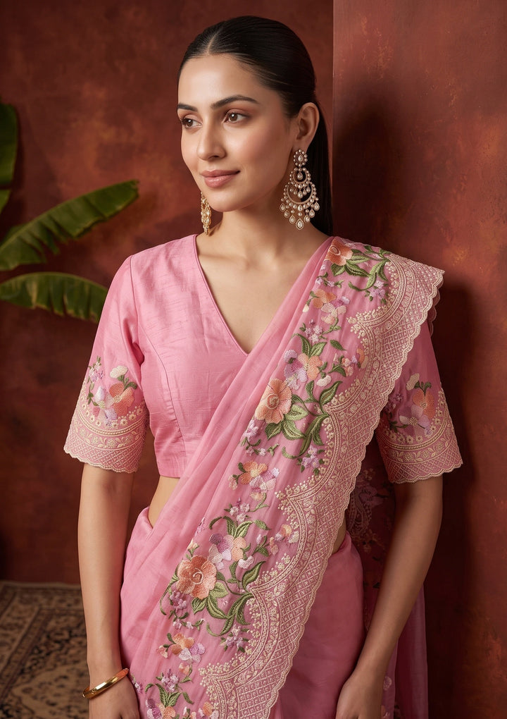 Pink Threadwork Tissue Saree