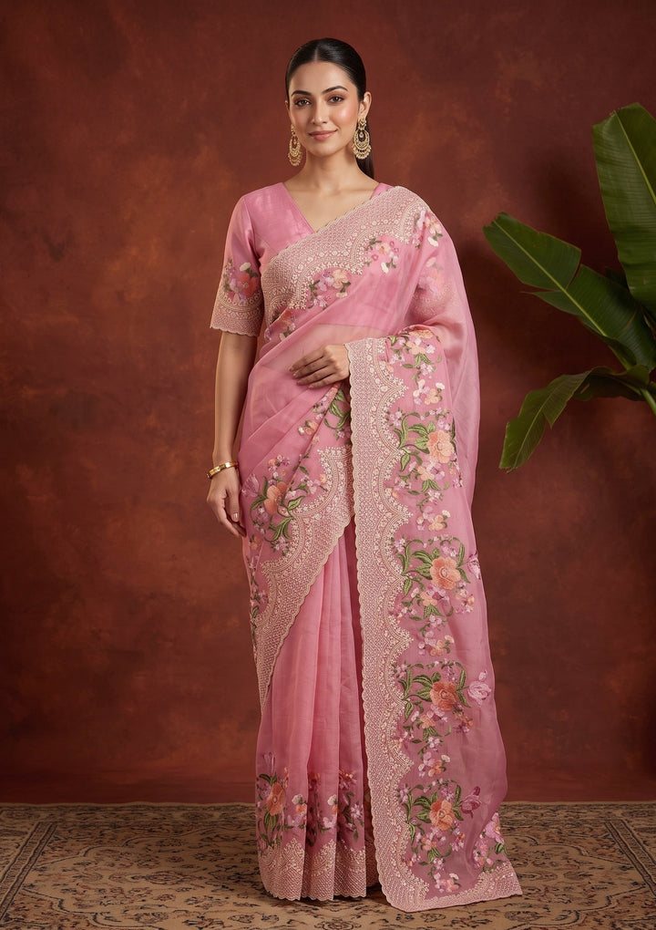 Pink Threadwork Tissue Saree