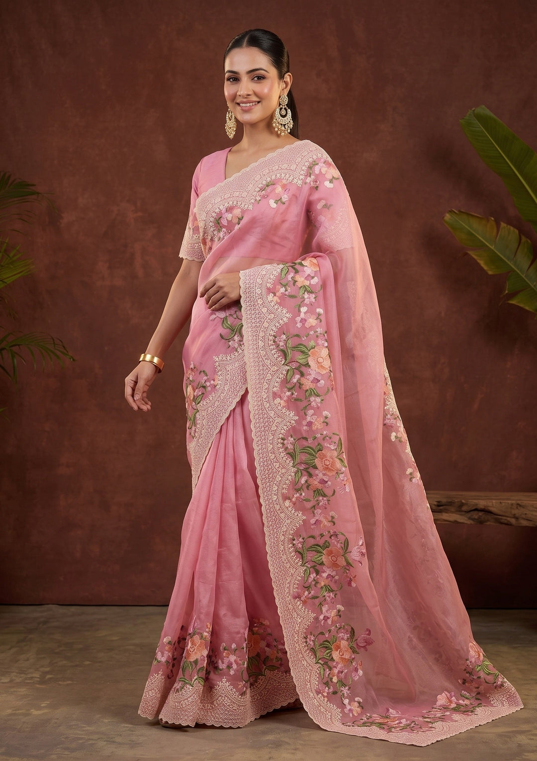 Pink Threadwork Tissue Saree