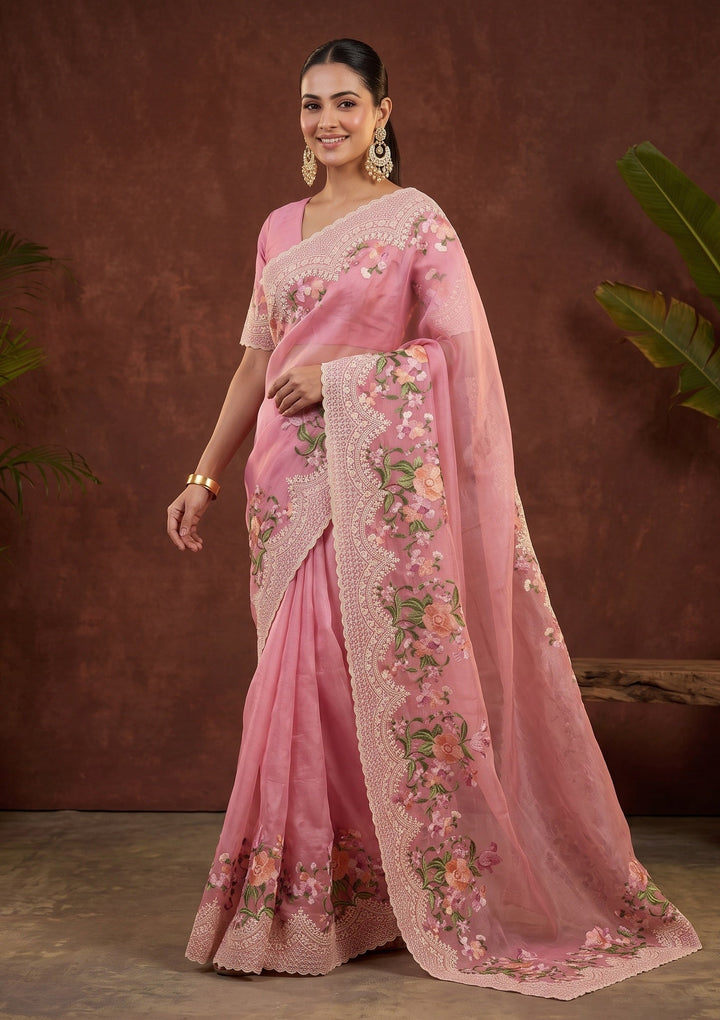 Pink Threadwork Tissue Saree