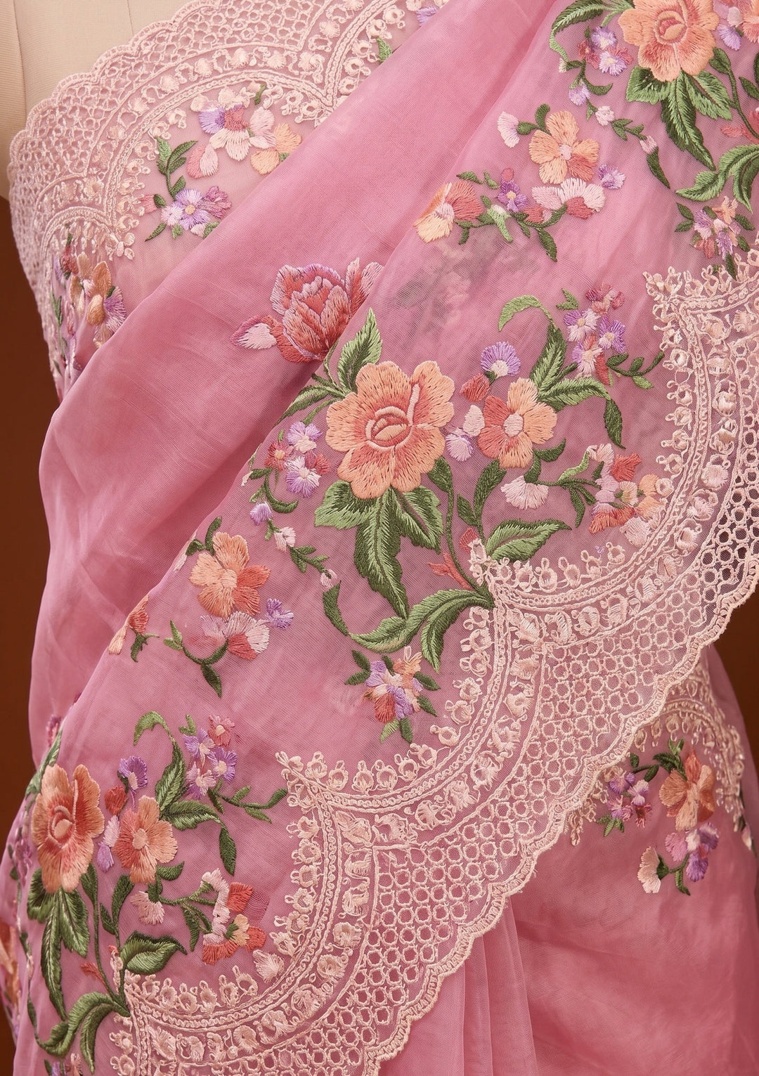 Pink Threadwork Tissue Saree