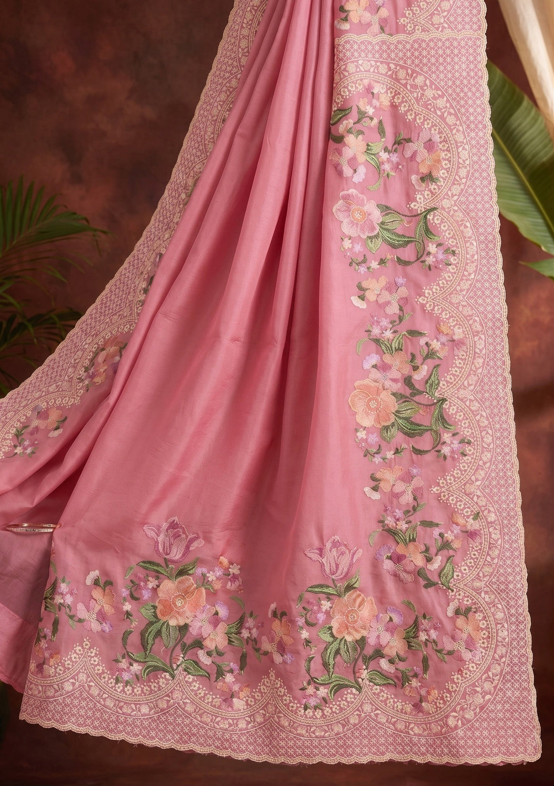 Pink Threadwork Tissue Saree