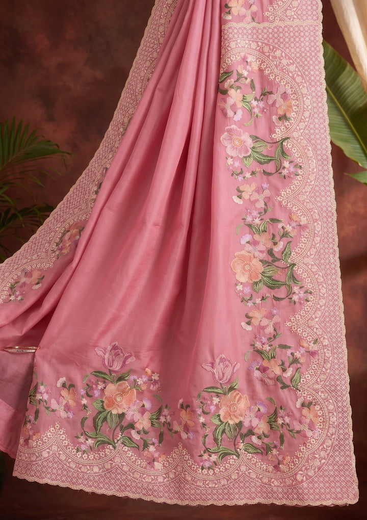 Pink Threadwork Tissue Saree
