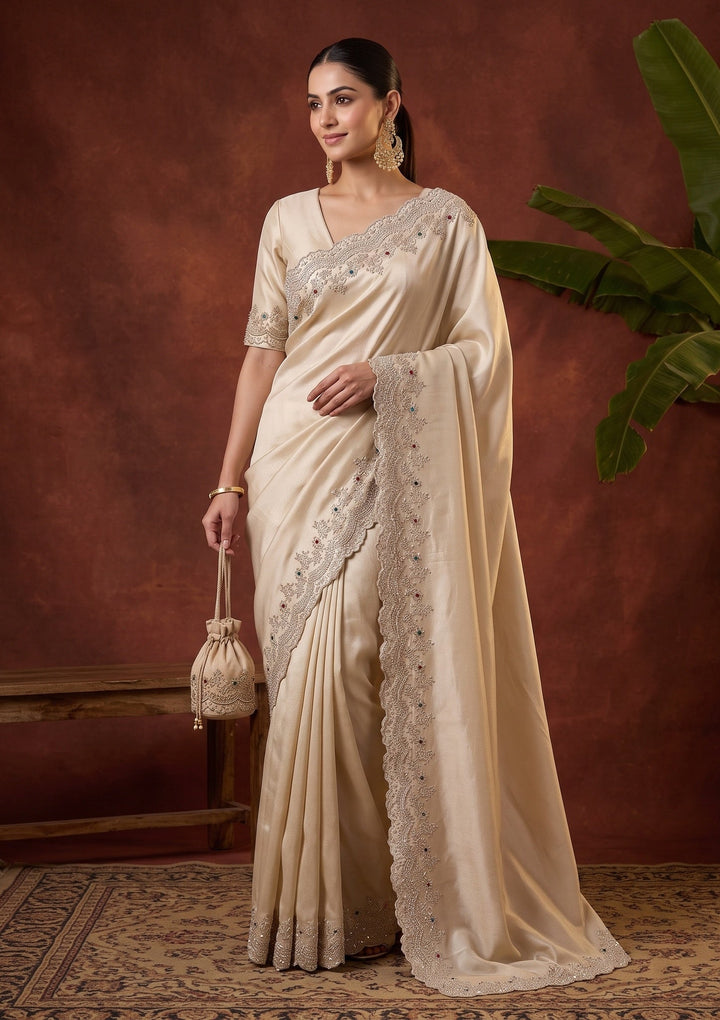 Beige Stonework (Gold) Crepe Saree