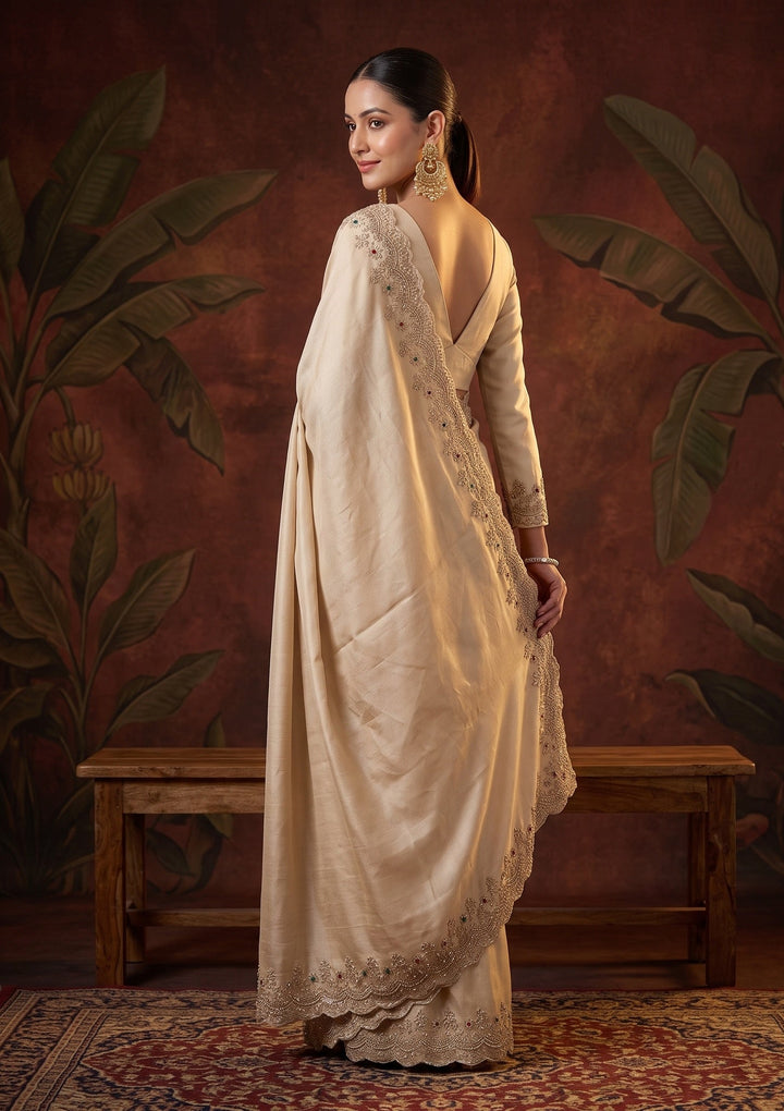 Beige Stonework (Gold) Crepe Saree