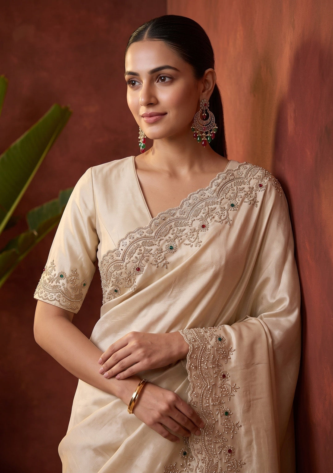 Beige Stonework (Gold) Crepe Saree