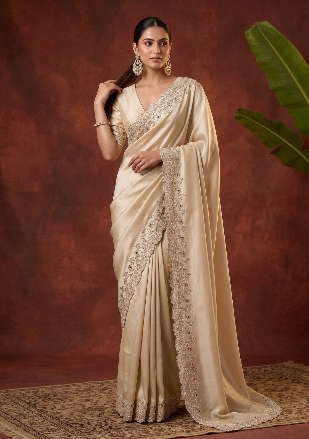 Beige Stonework (Gold) Crepe Saree