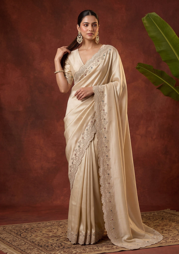 Beige Stonework (Gold) Crepe Saree