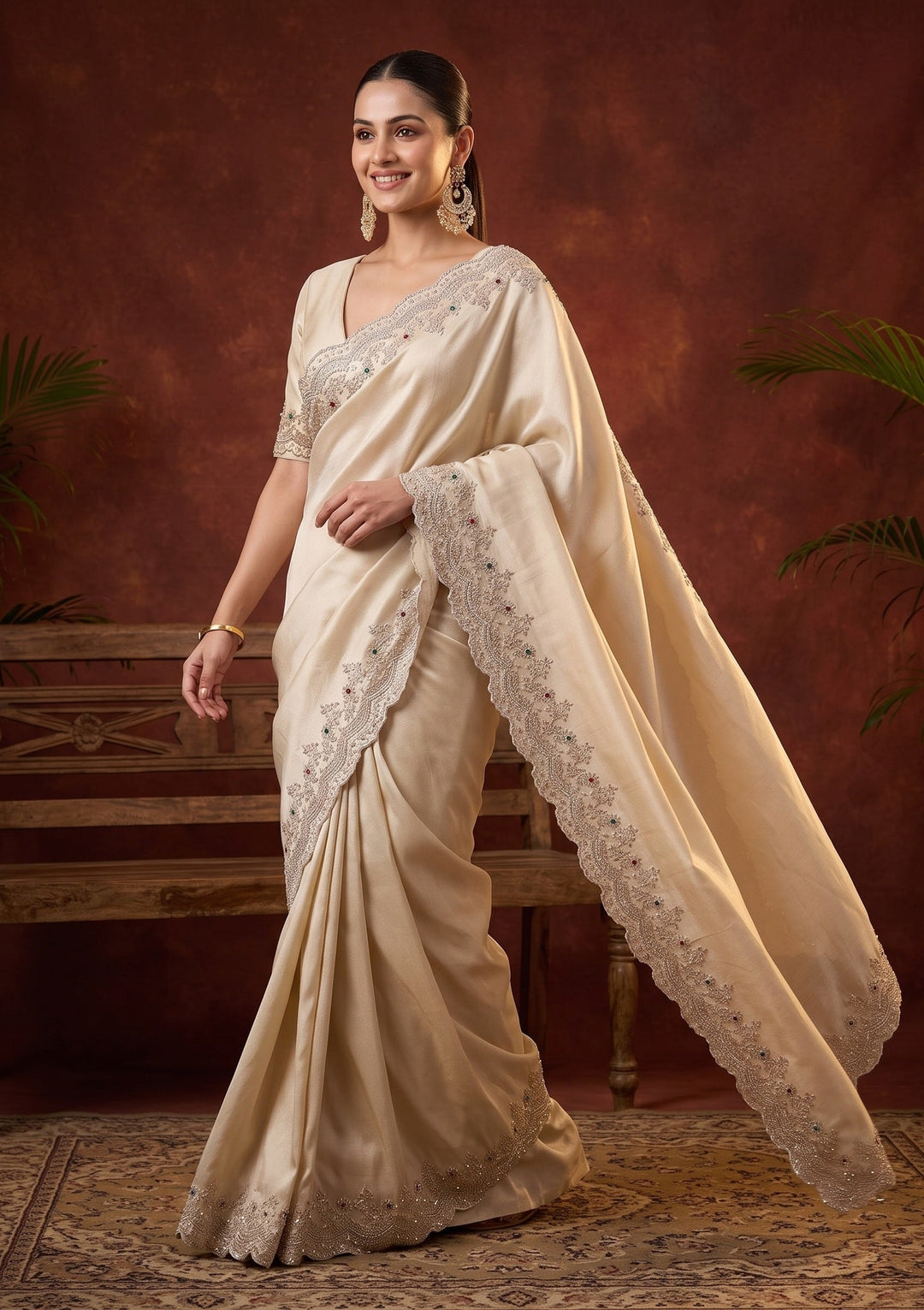 Beige Stonework (Gold) Crepe Saree