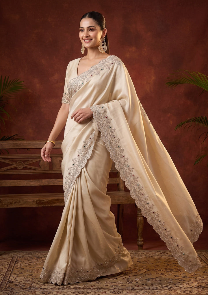 Beige Stonework (Gold) Crepe Saree