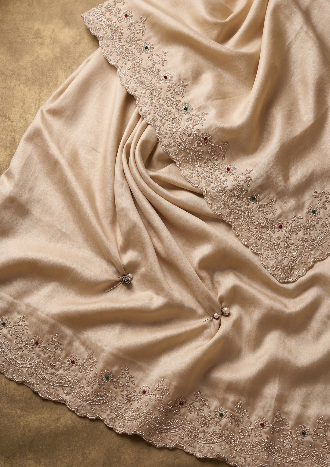 Beige Stonework (Gold) Crepe Saree