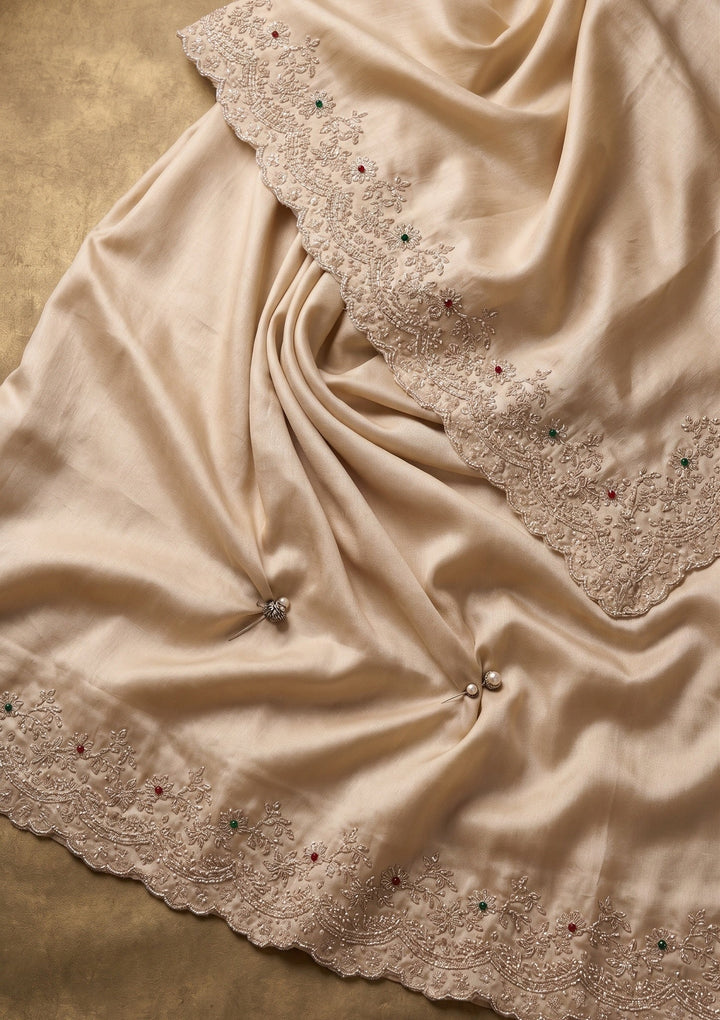 Beige Stonework (Gold) Crepe Saree