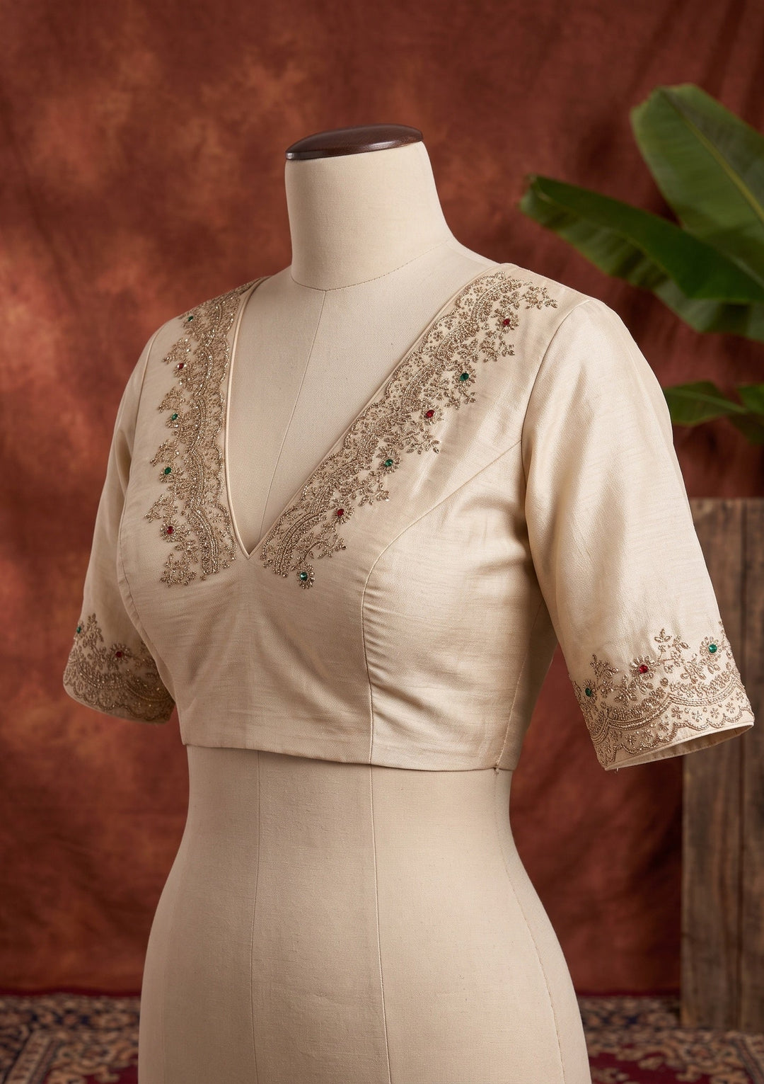 Beige Stonework (Gold) Crepe Saree