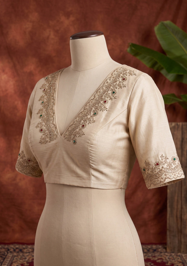 Beige Stonework (Gold) Crepe Saree