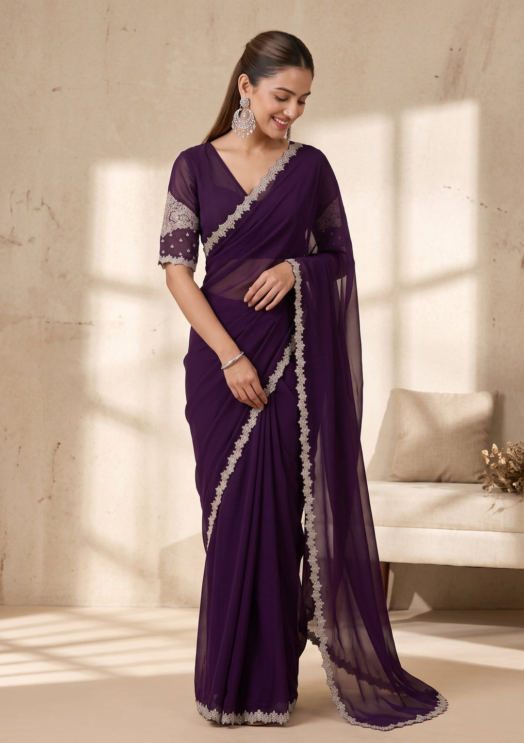 Purple Stonework (Gold) Georgette Saree