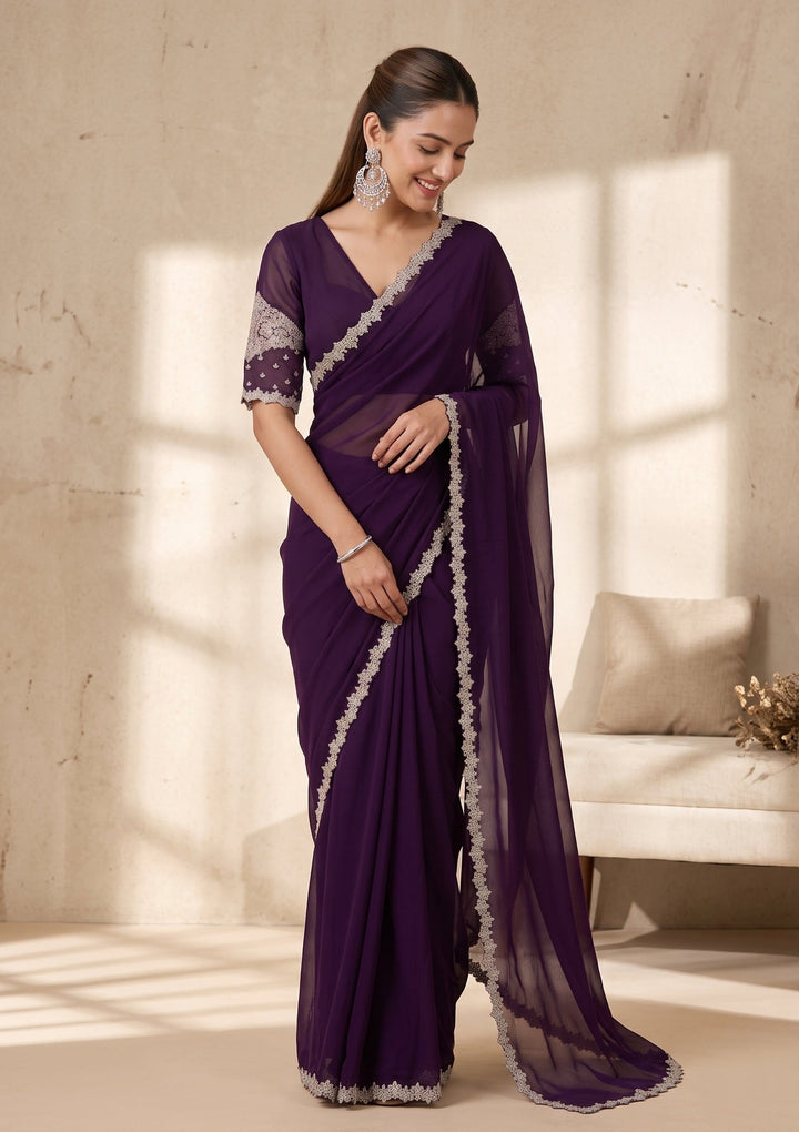Purple Stonework (Gold) Georgette Saree