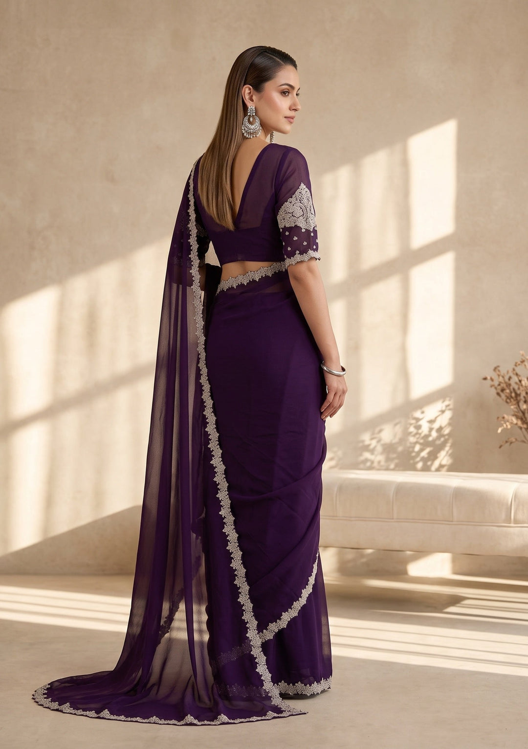 Purple Stonework (Gold) Georgette Saree