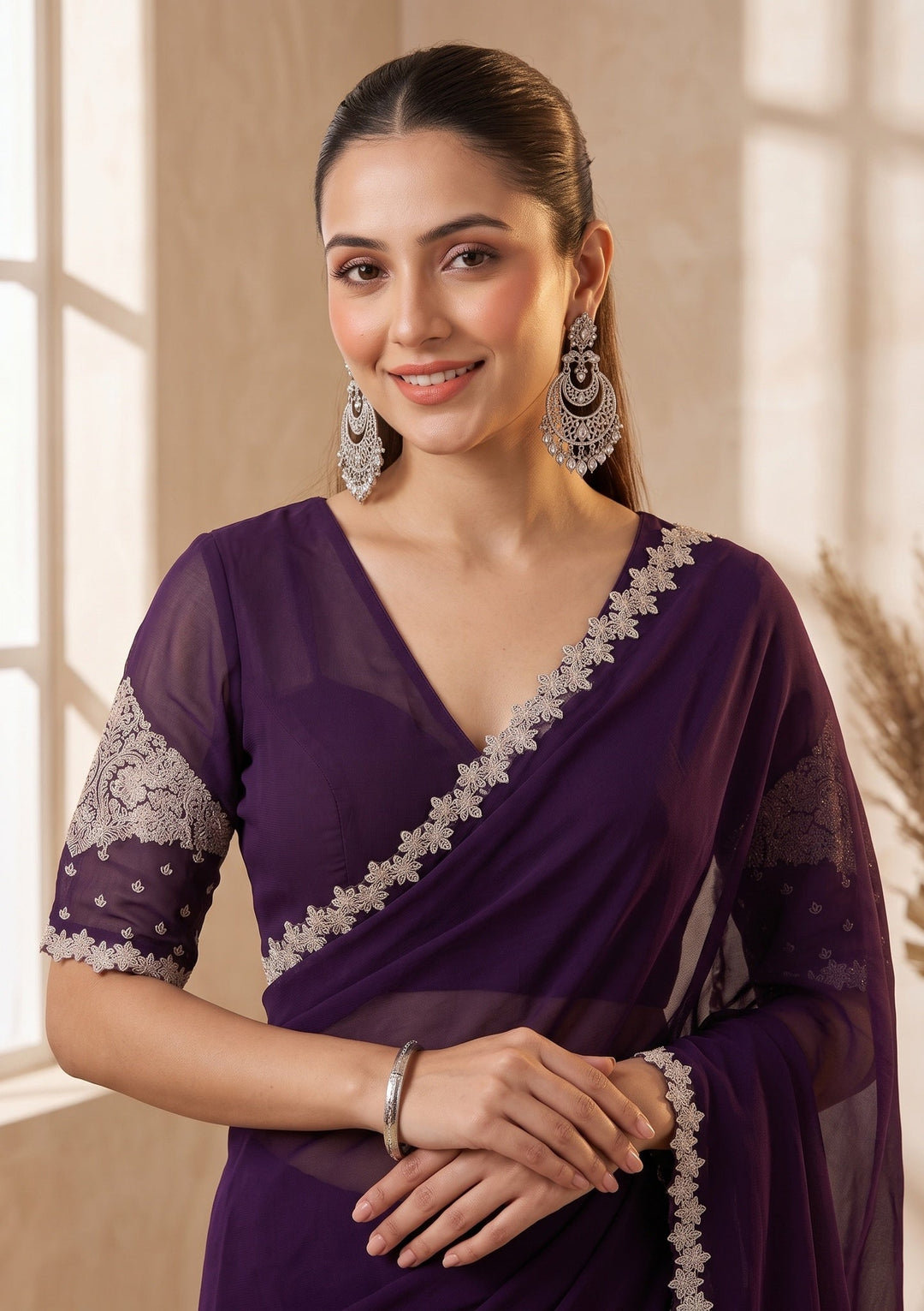 Purple Stonework (Gold) Georgette Saree