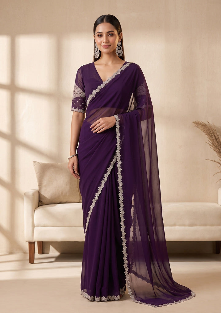 Purple Stonework (Gold) Georgette Saree
