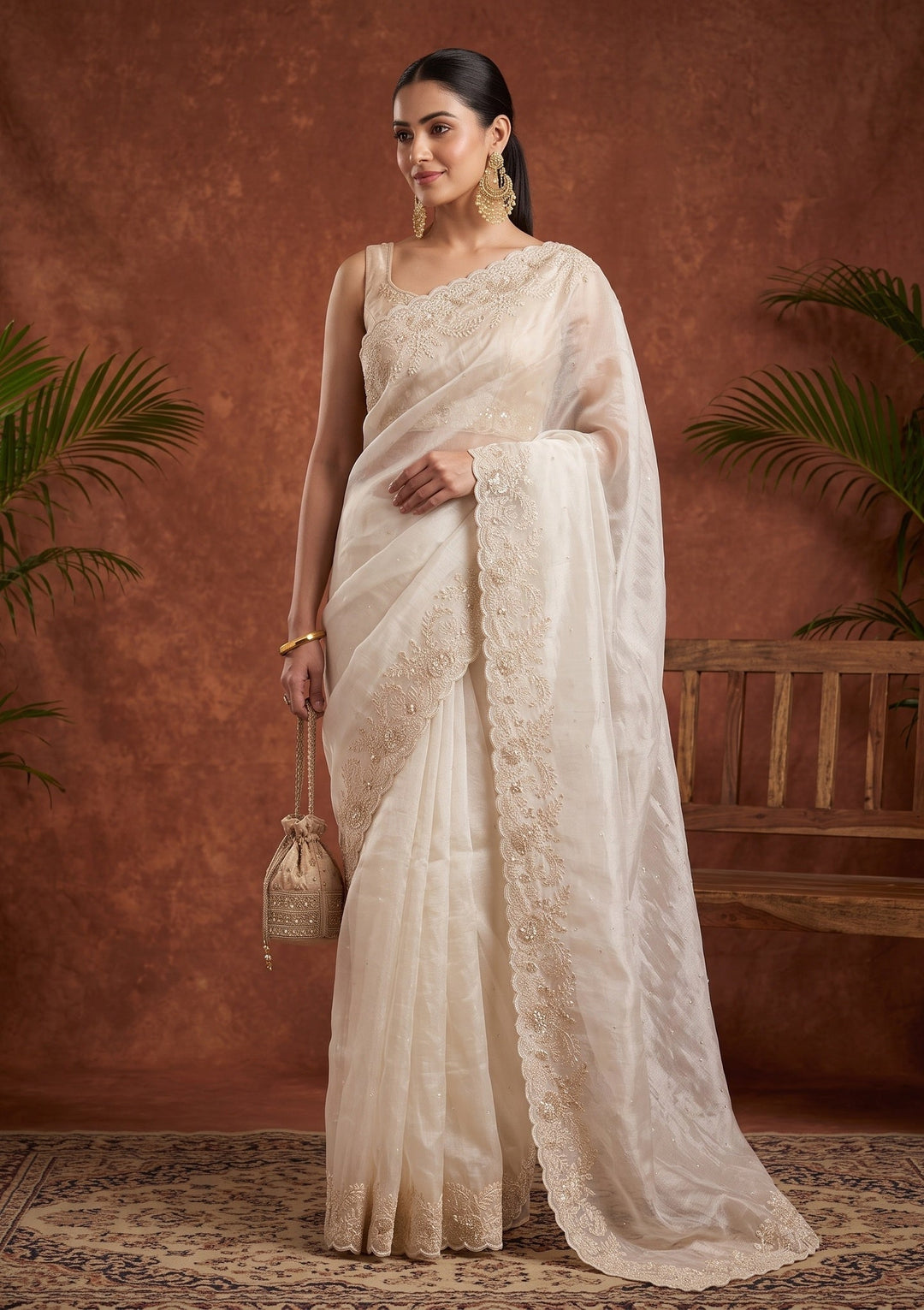 Off White Sequins Organza Saree