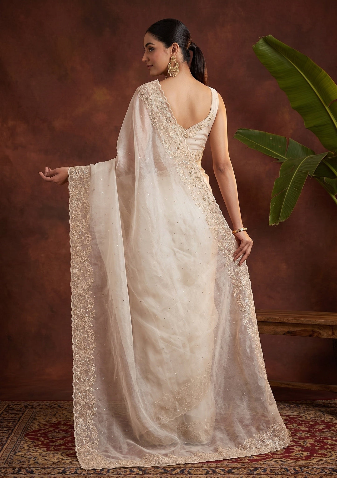 Off White Sequins Organza Saree