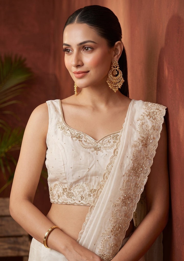 Off White Sequins Organza Saree