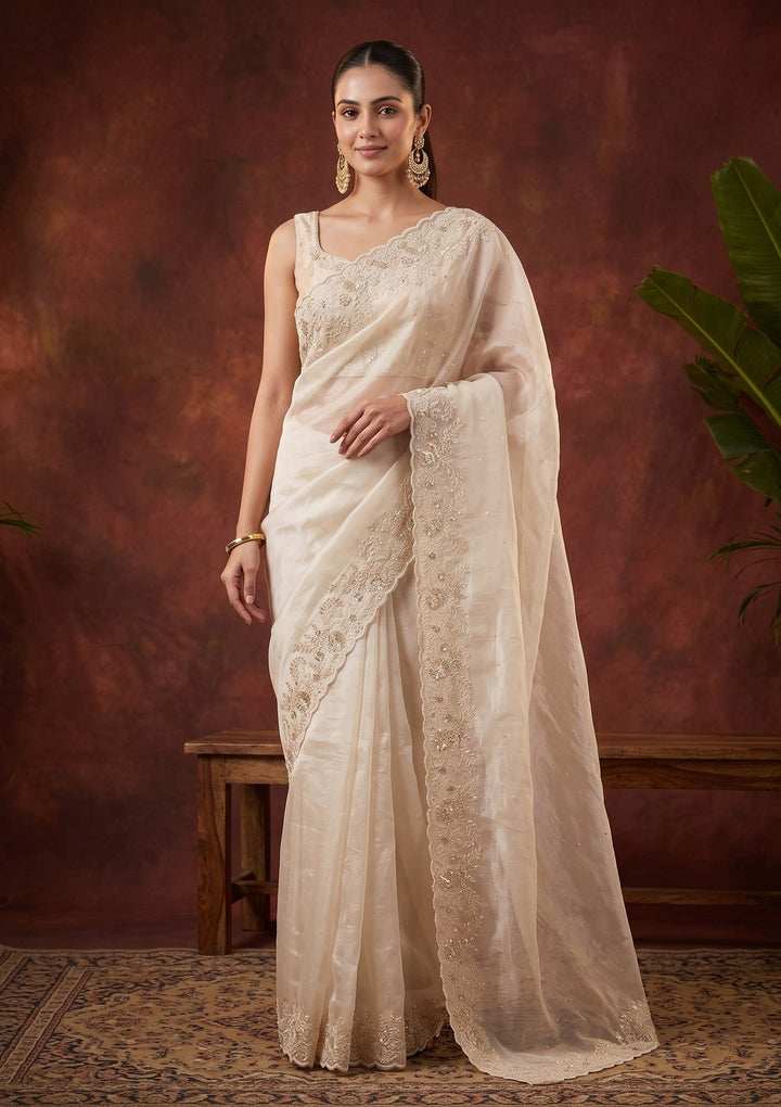 Off White Sequins Organza Saree