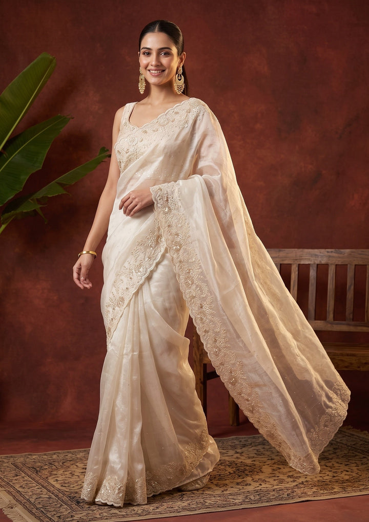 Off White Sequins Organza Saree