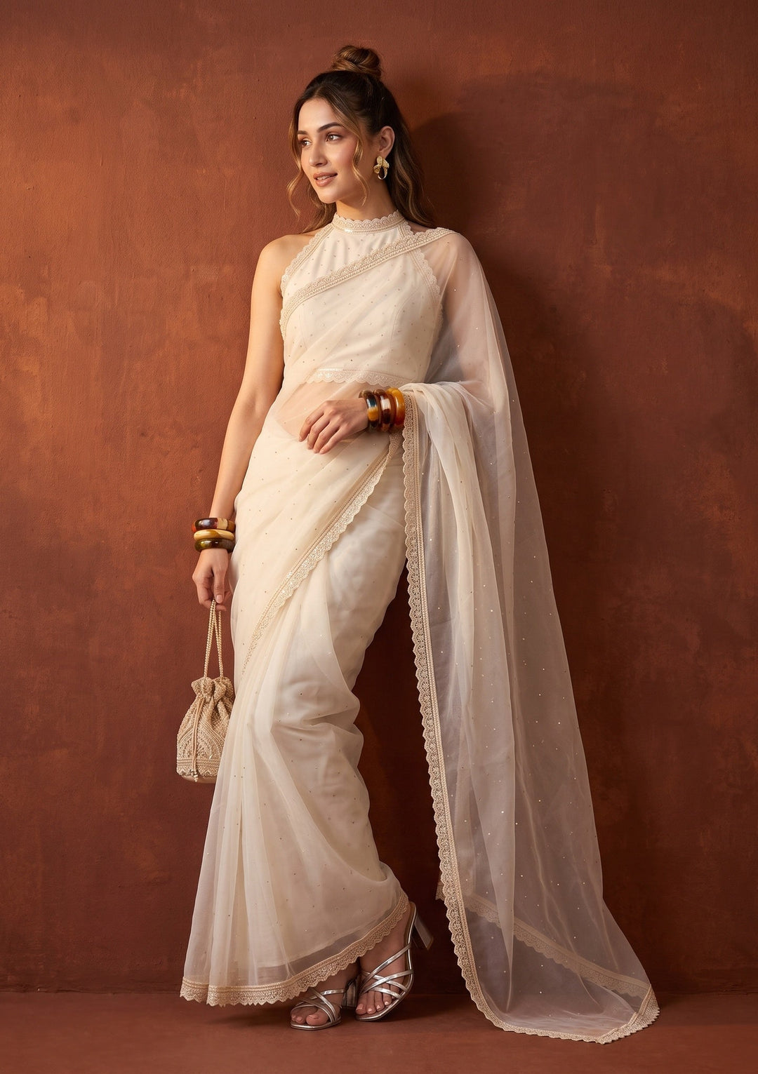 Off White Pearlwork Organza Saree