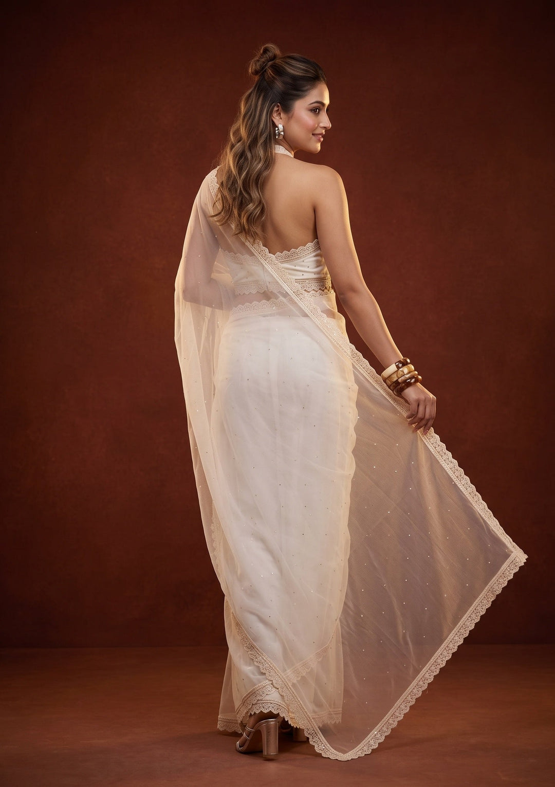 Off White Pearlwork Organza Saree