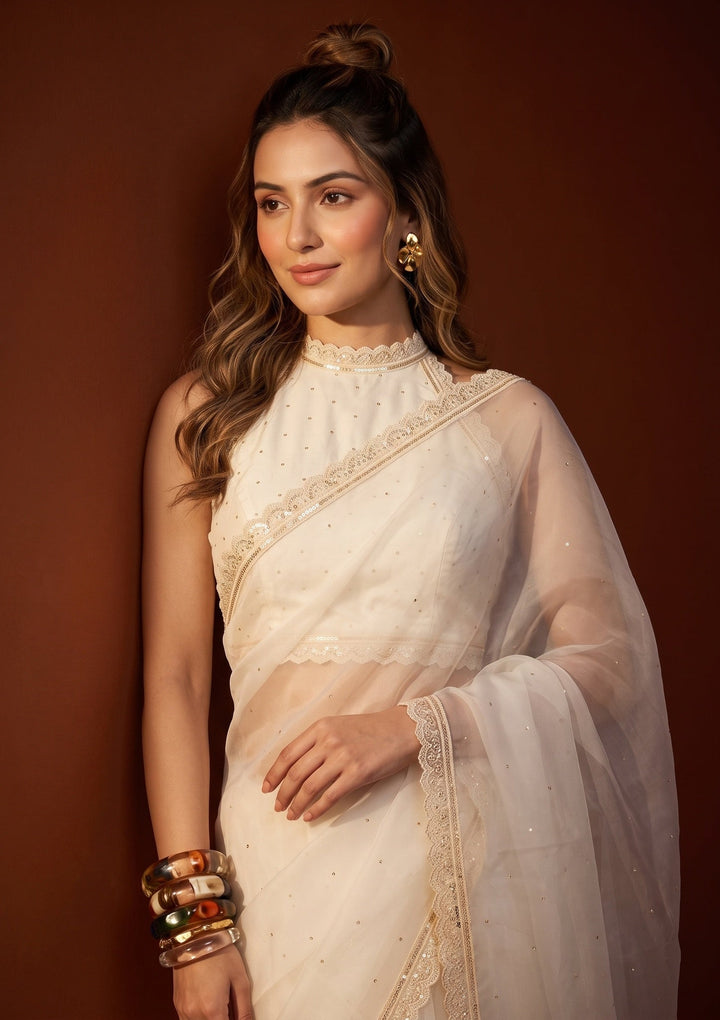 Off White Pearlwork Organza Saree