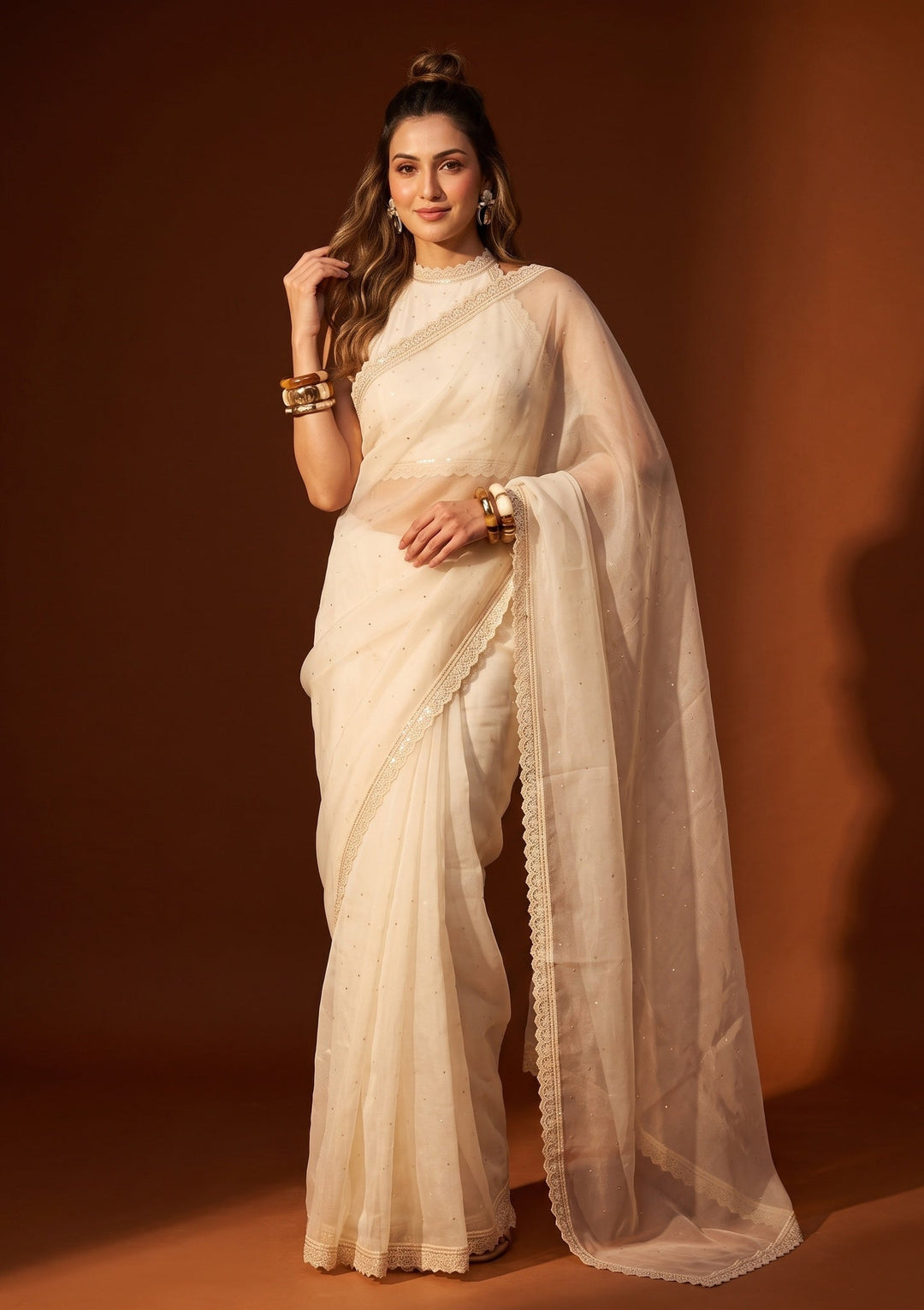 Off White Pearlwork Organza Saree