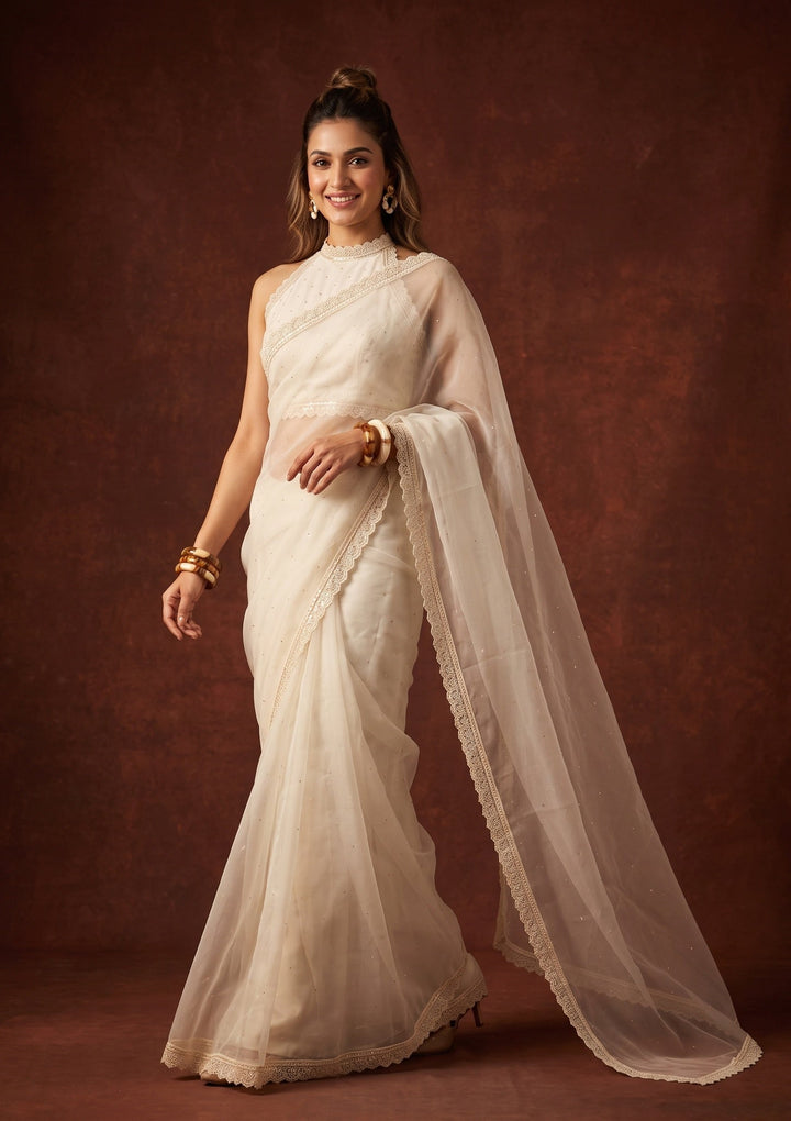Off White Pearlwork Organza Saree