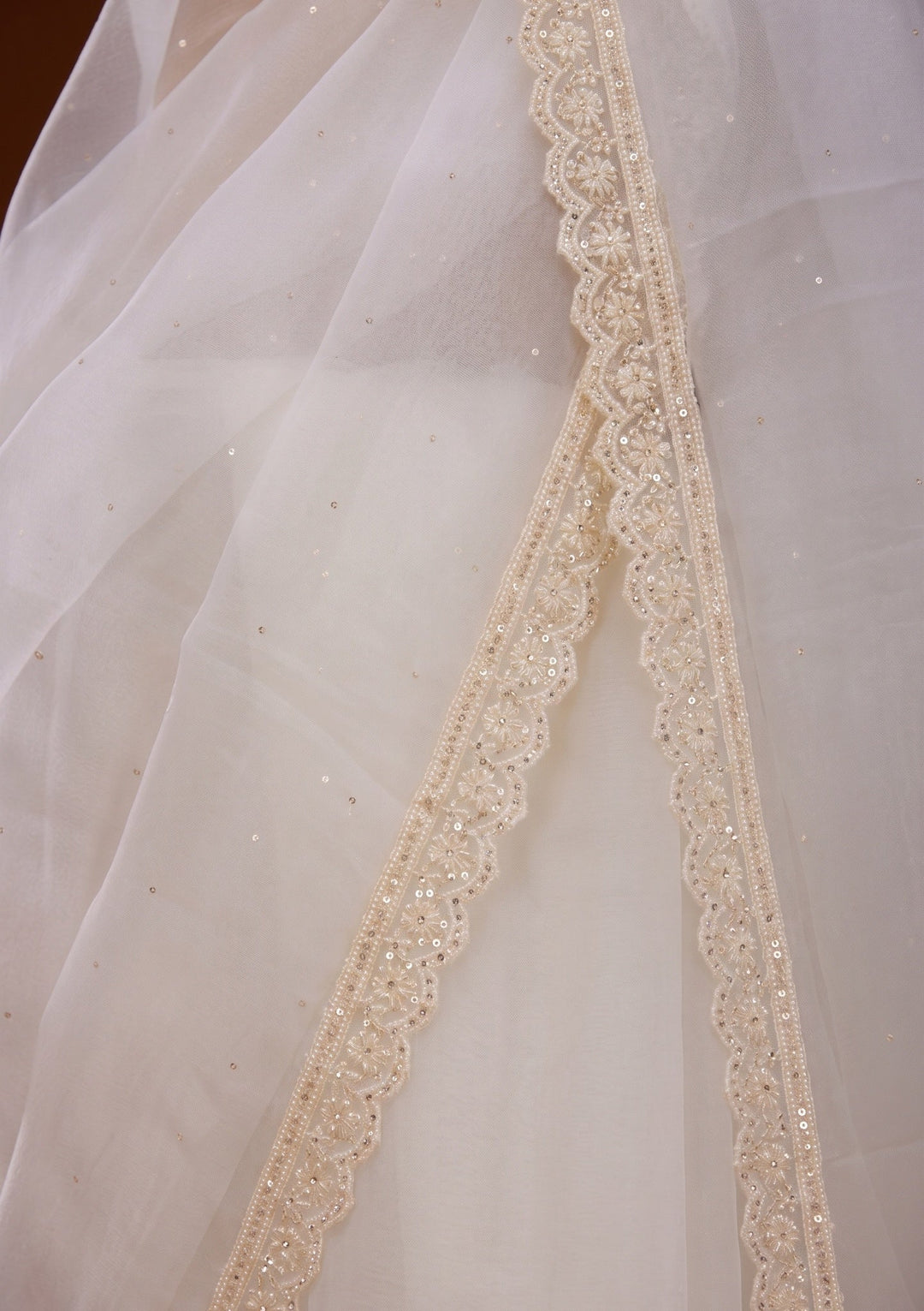 Off White Pearlwork Organza Saree
