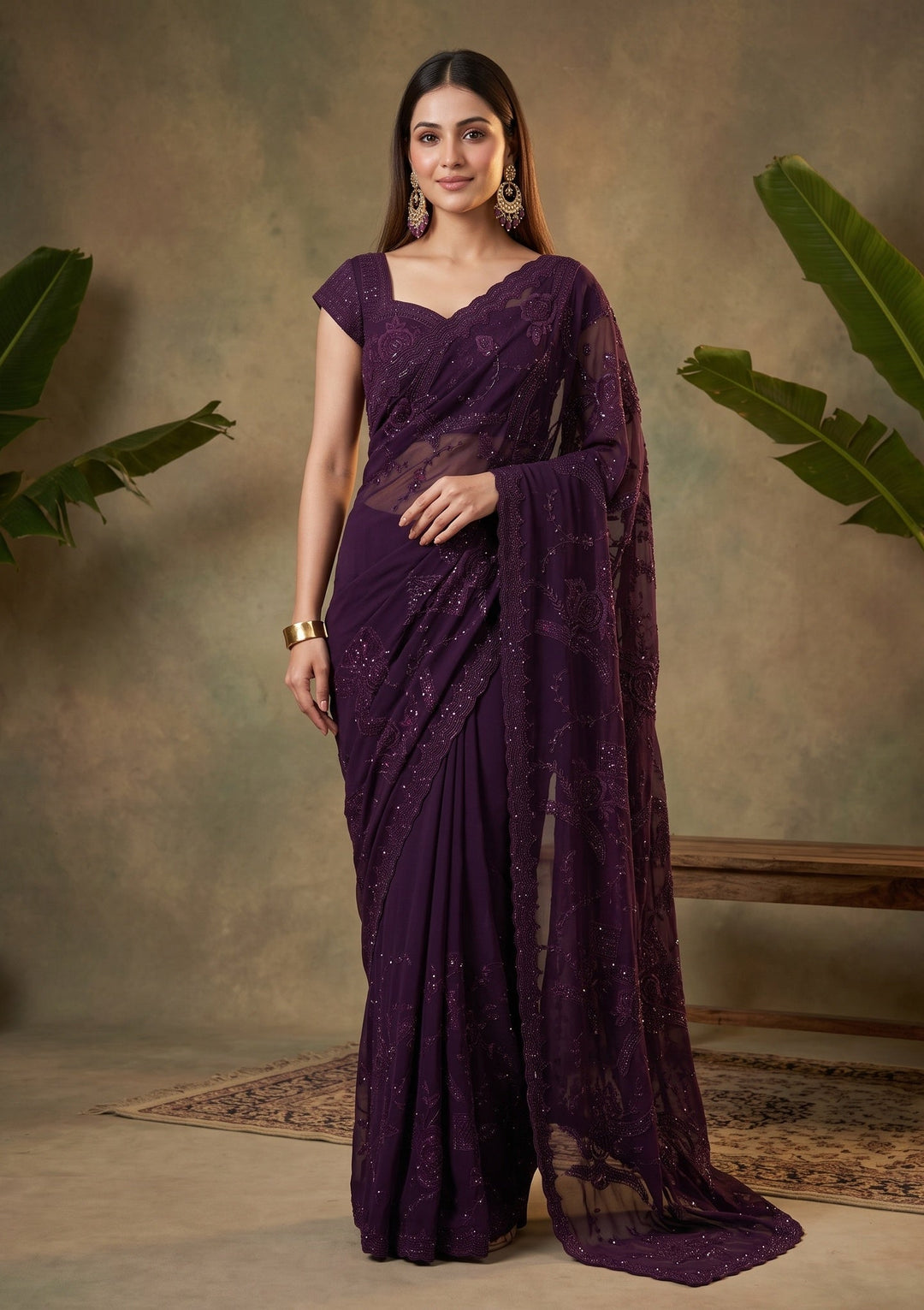 Purple Swarovski Georgette Saree