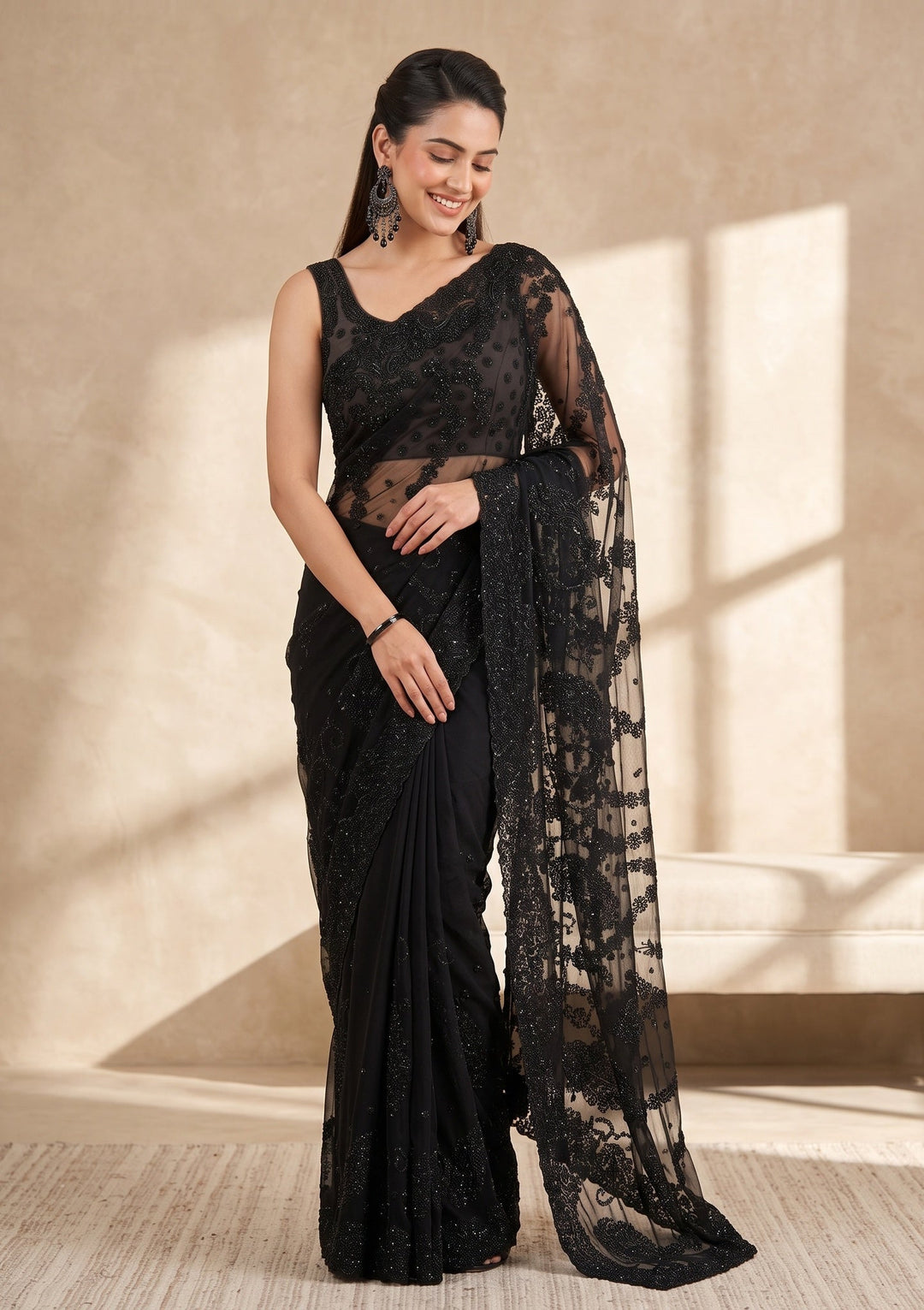 Black Swarovski Georgette Saree
