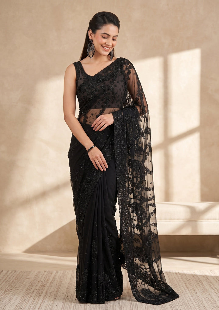 Black Swarovski Georgette Saree