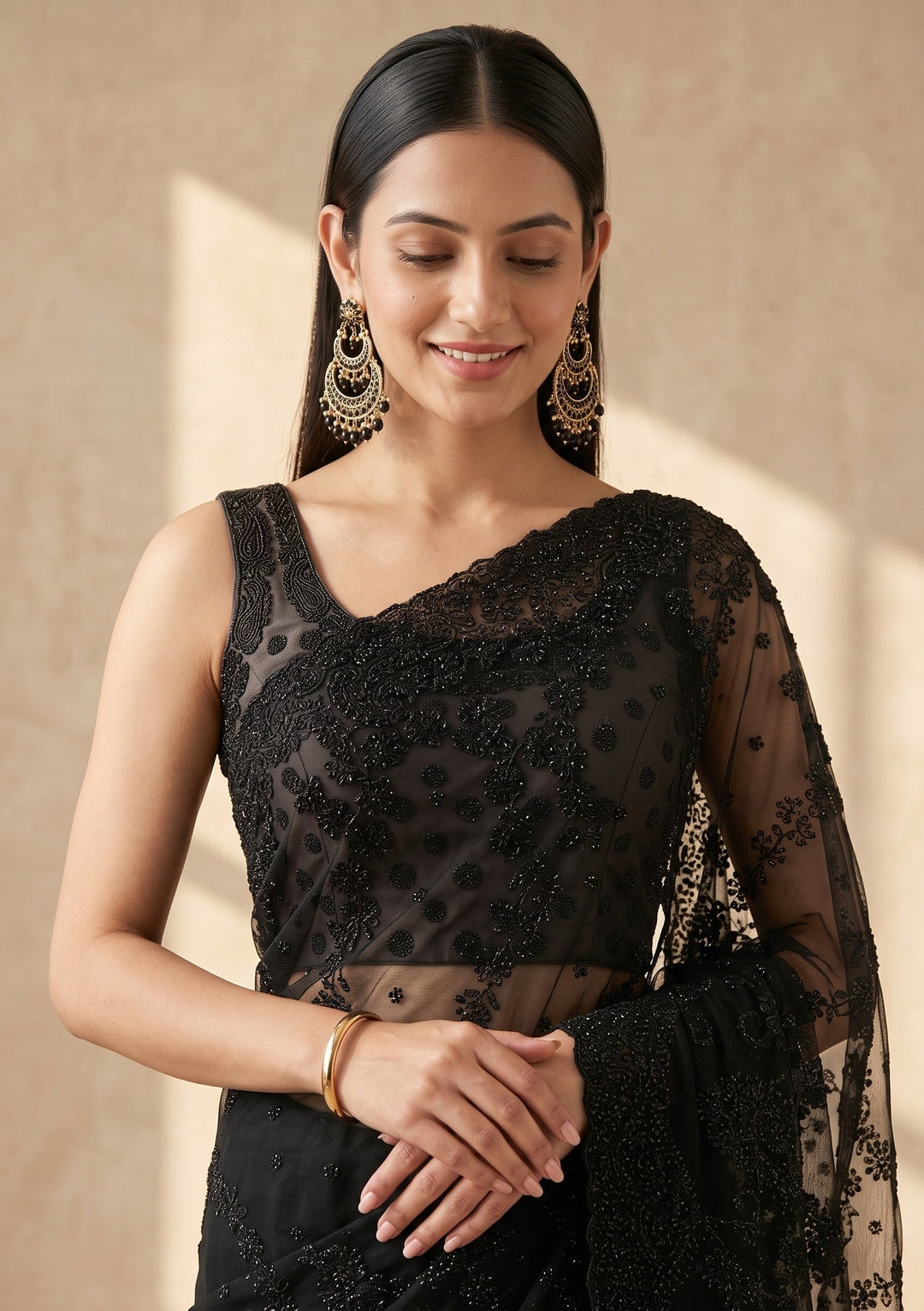Black Swarovski Georgette Saree