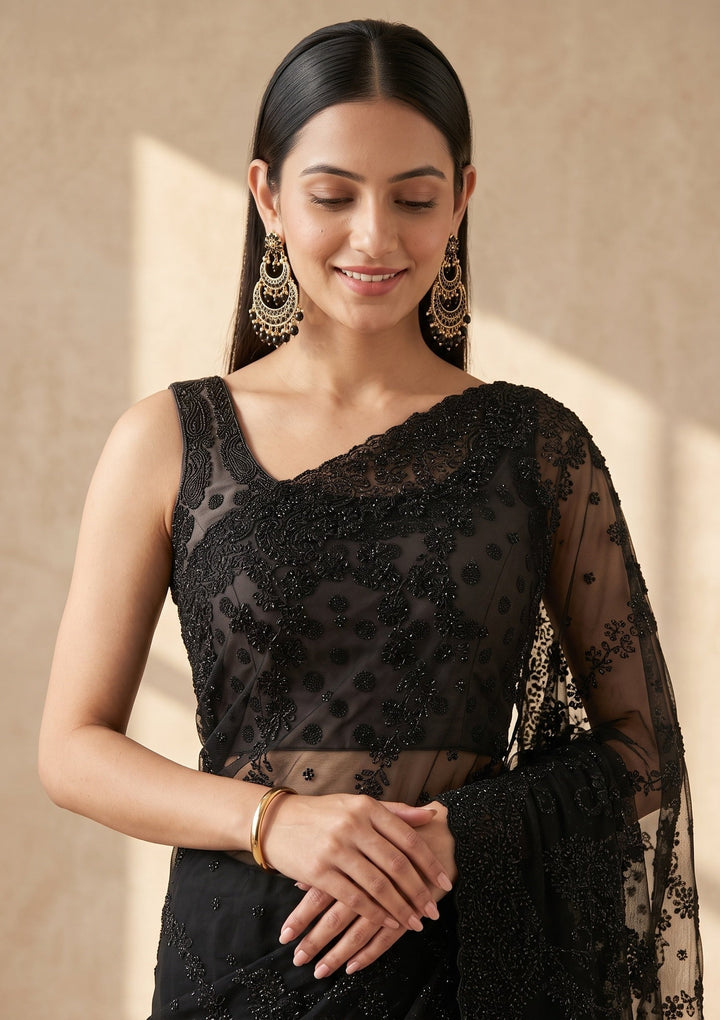 Black Swarovski Georgette Saree