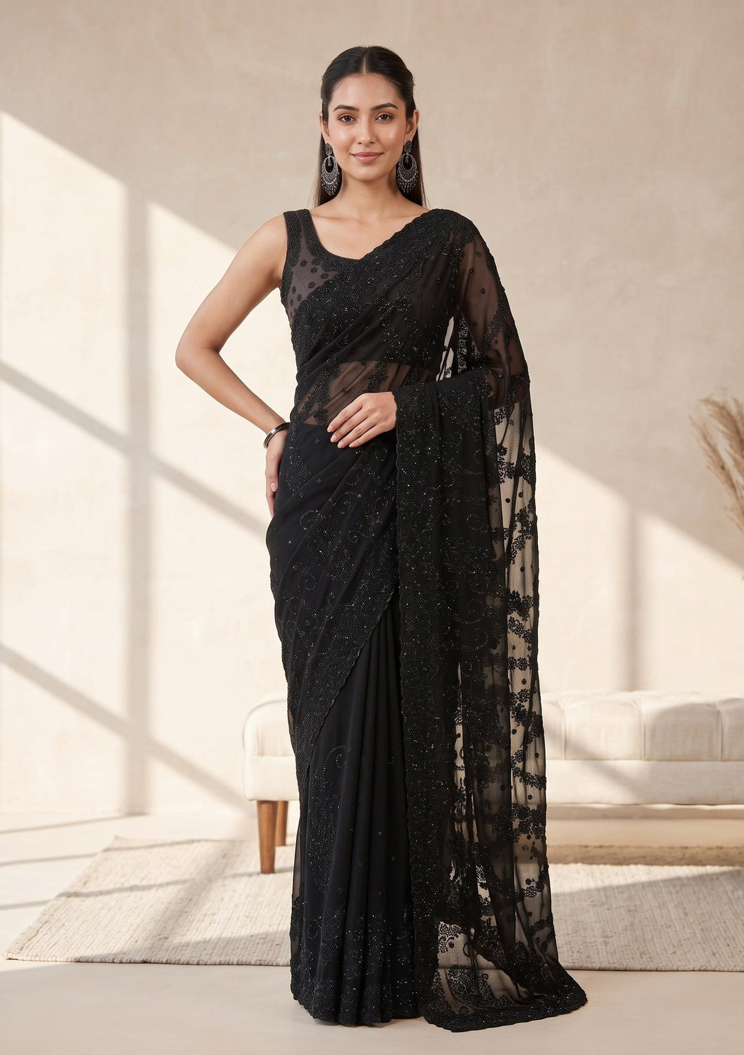 Black Swarovski Georgette Saree