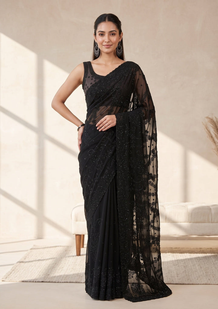 Black Swarovski Georgette Saree