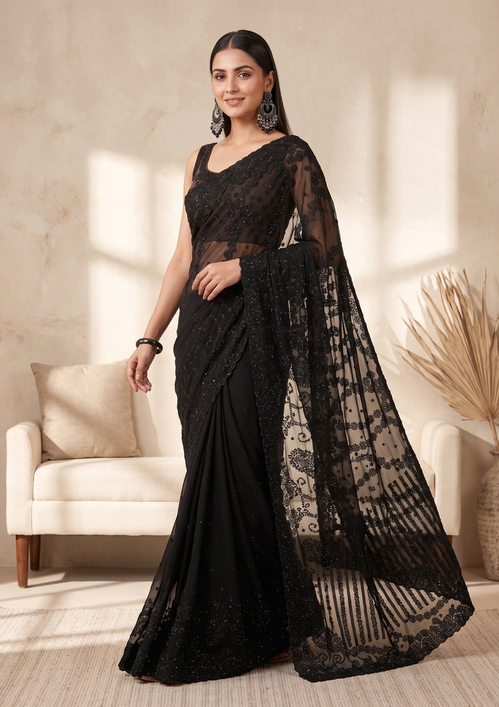 Black Swarovski Georgette Saree