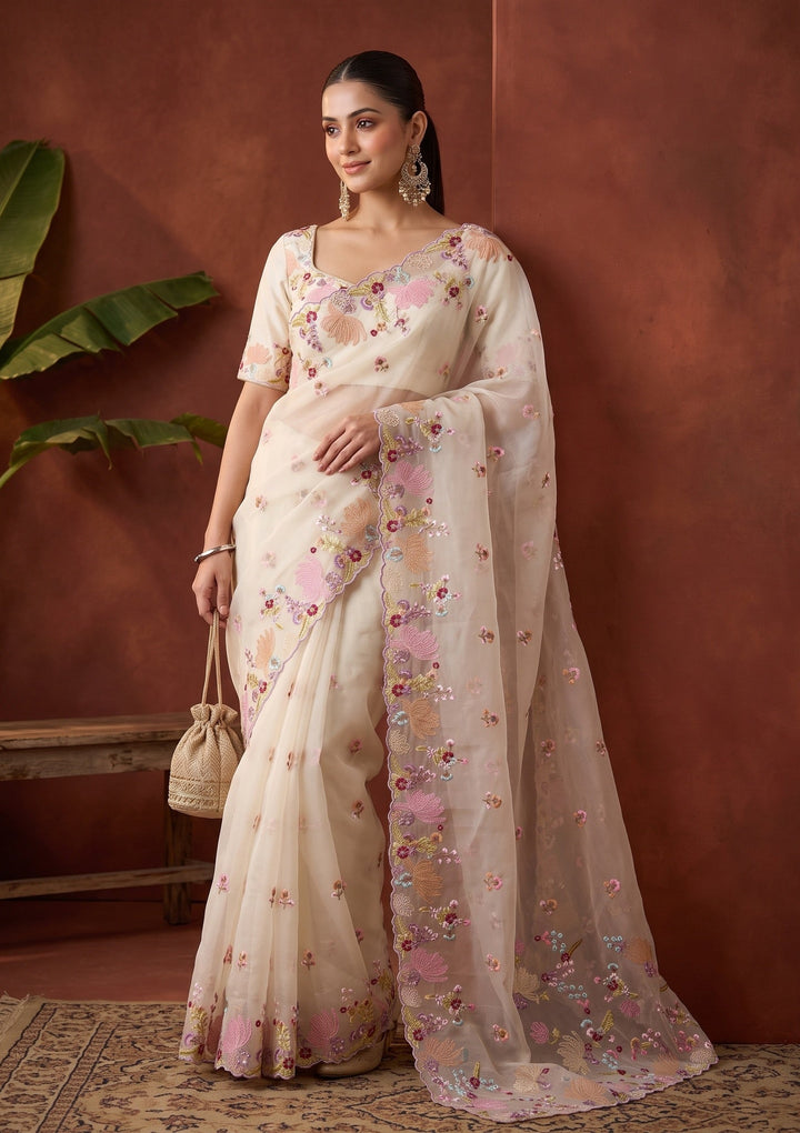 Beige Threadwork Organza Saree