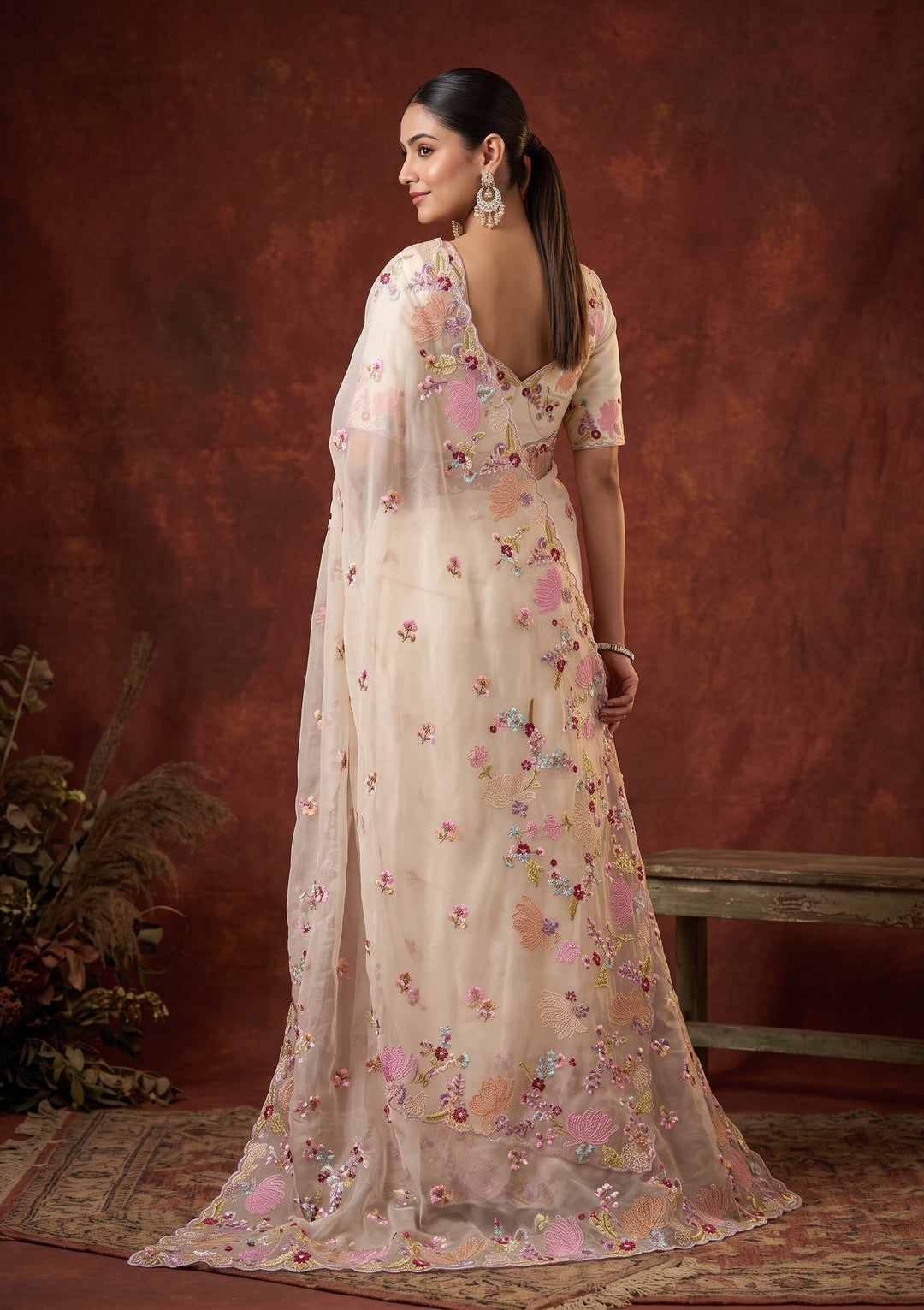Beige Threadwork Organza Saree