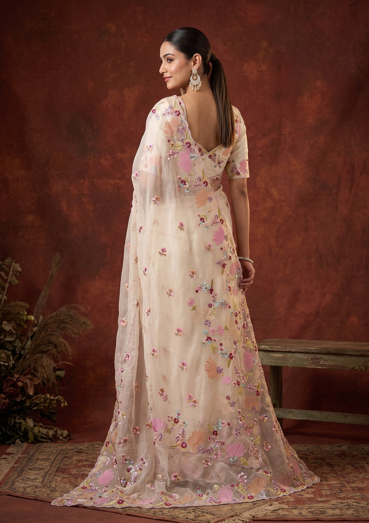 Beige Threadwork Organza Saree
