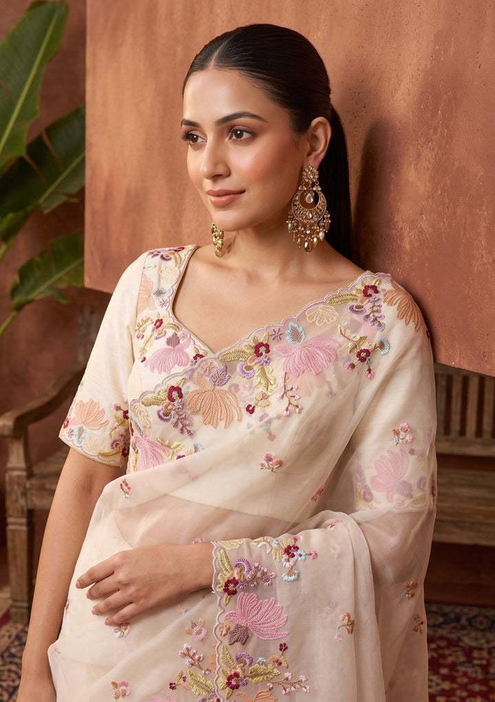 Beige Threadwork Organza Saree