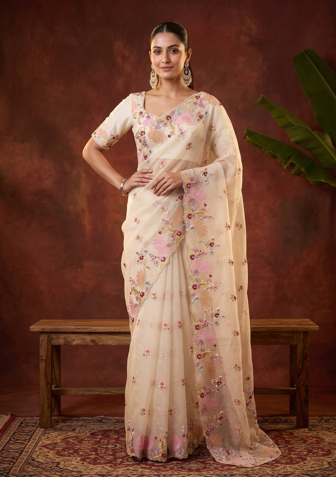 Beige Threadwork Organza Saree